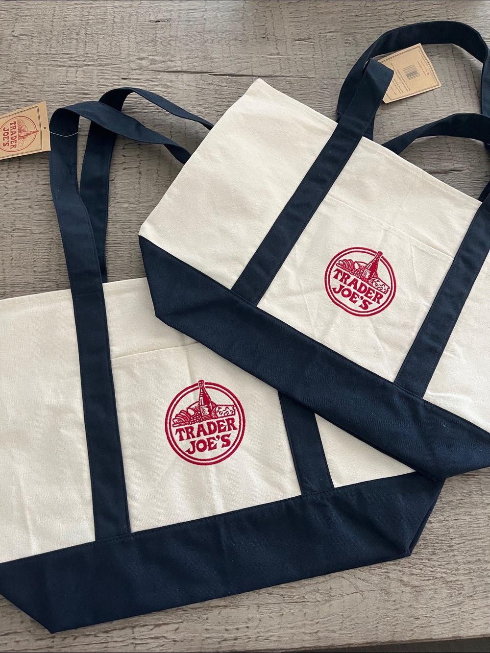 Trader Joe's Canvas Tote Bags - Cream & Navy Lot of 2